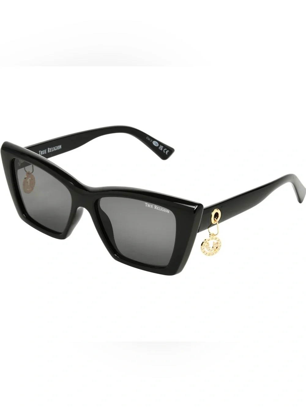 True Religion Women’s Sunglasses Cat Eye Roxy Big & Bold Black Dangling Charm